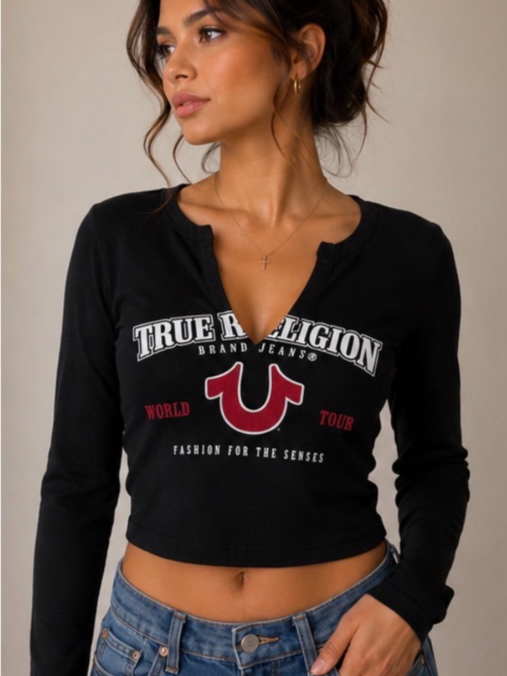 True Religion Black Long-Sleeve Notch Crop Top with Red Logo